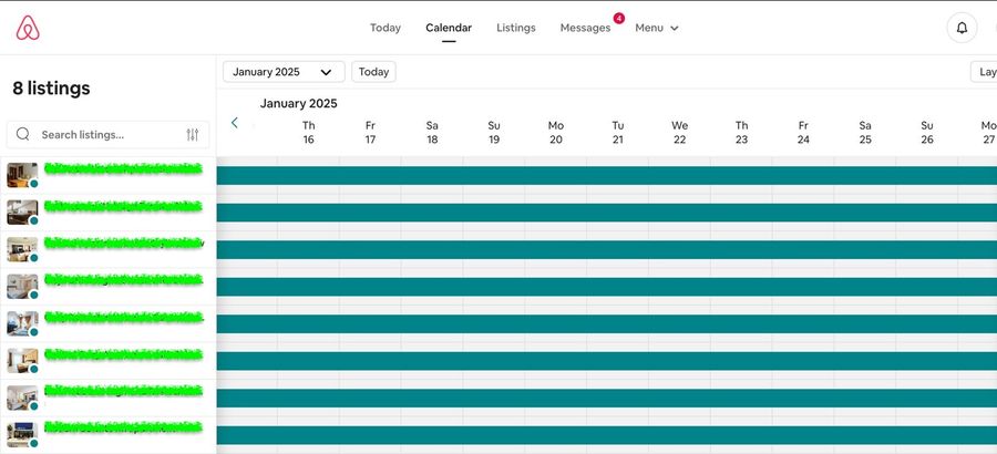 Airbnb: calendarul a opt listări, ocupat integral în ianuarie